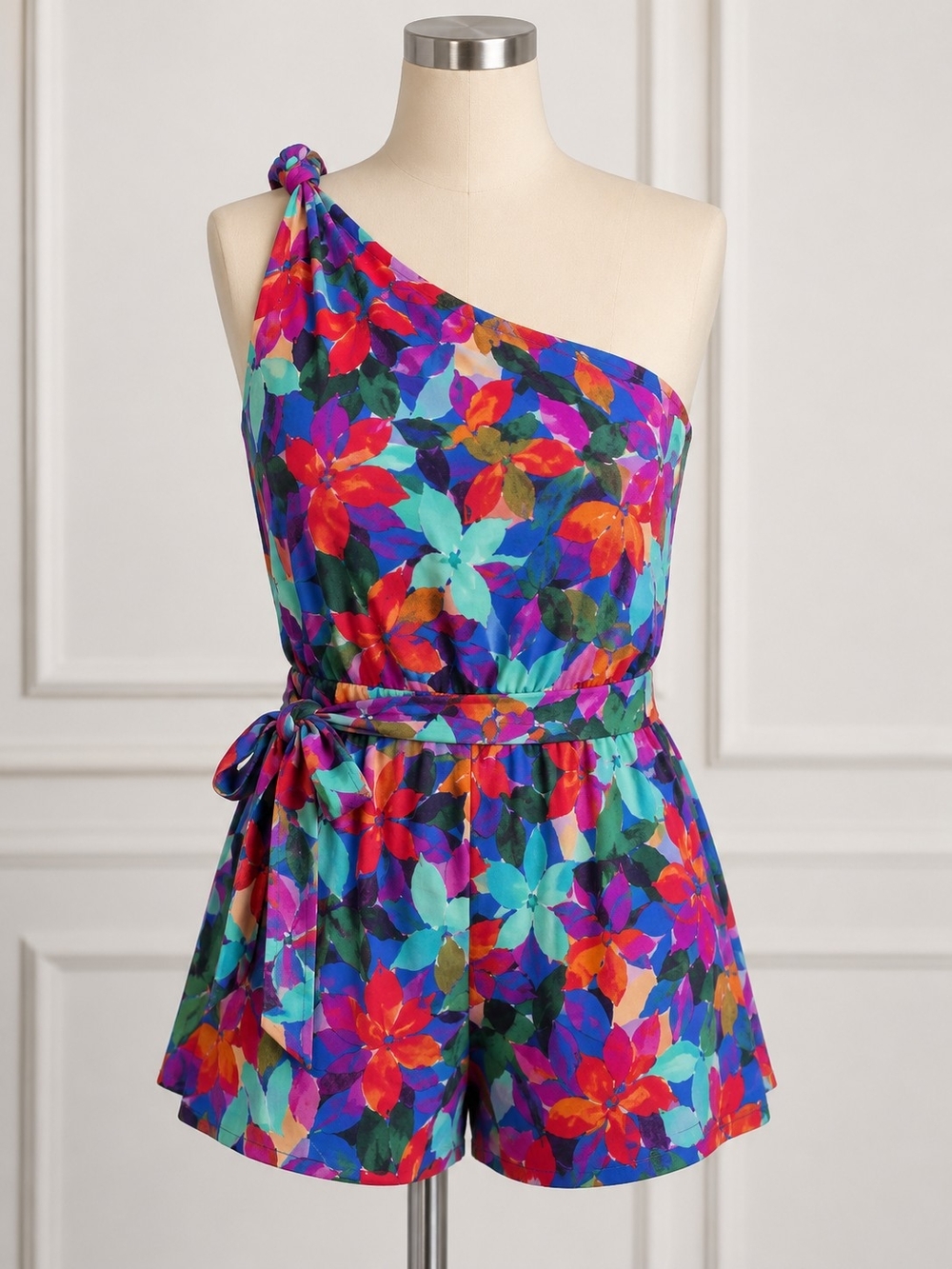 One-Shoulder Floral Romper in Multicolor